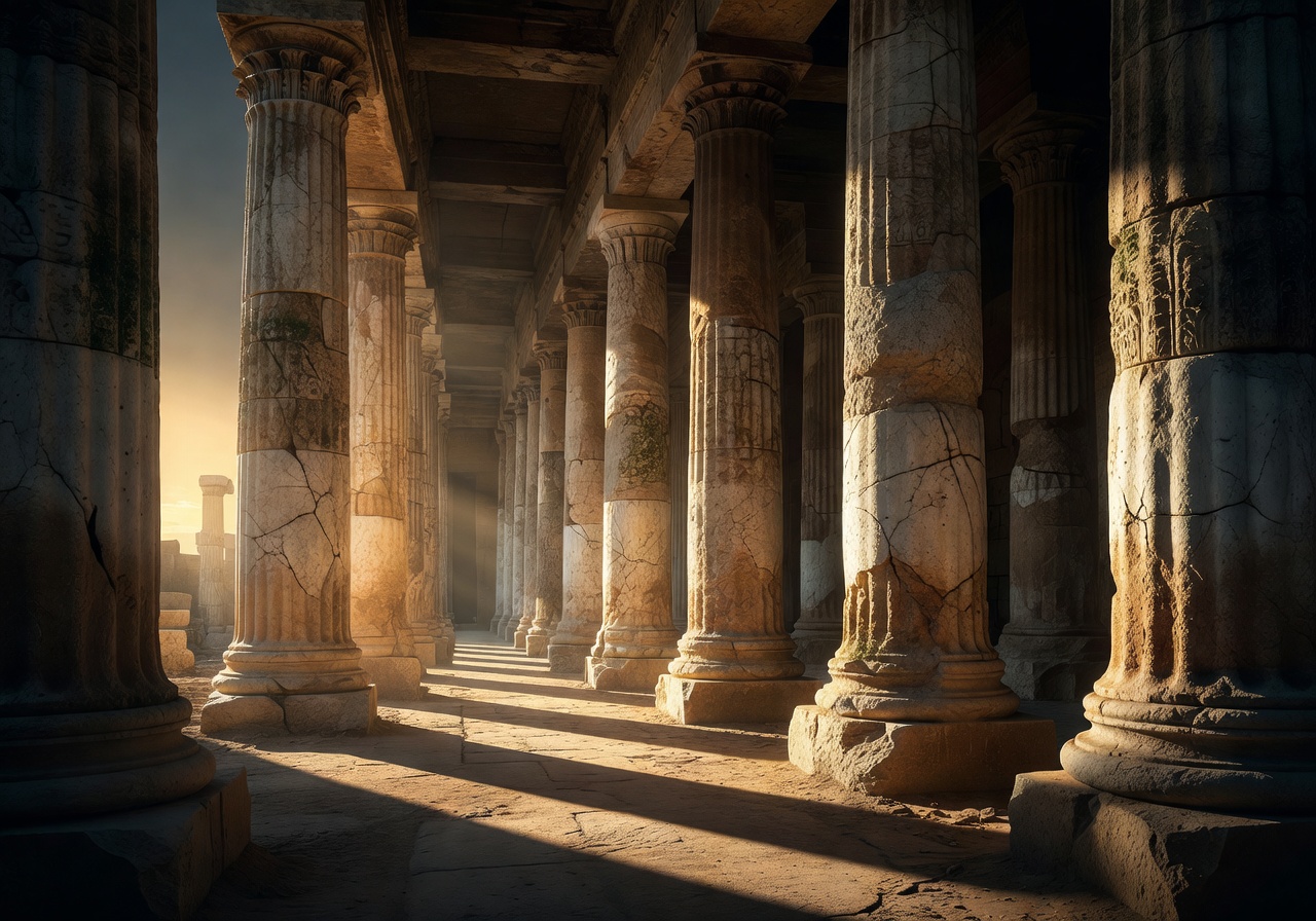 Ancient column architecture with dramatic lighting
