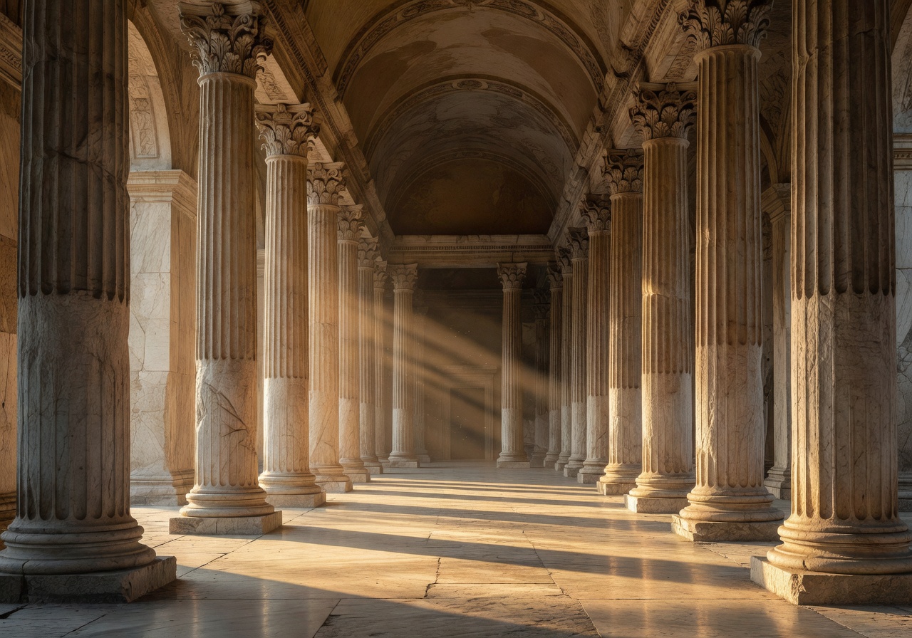 Ancient Roman palace columns under golden light