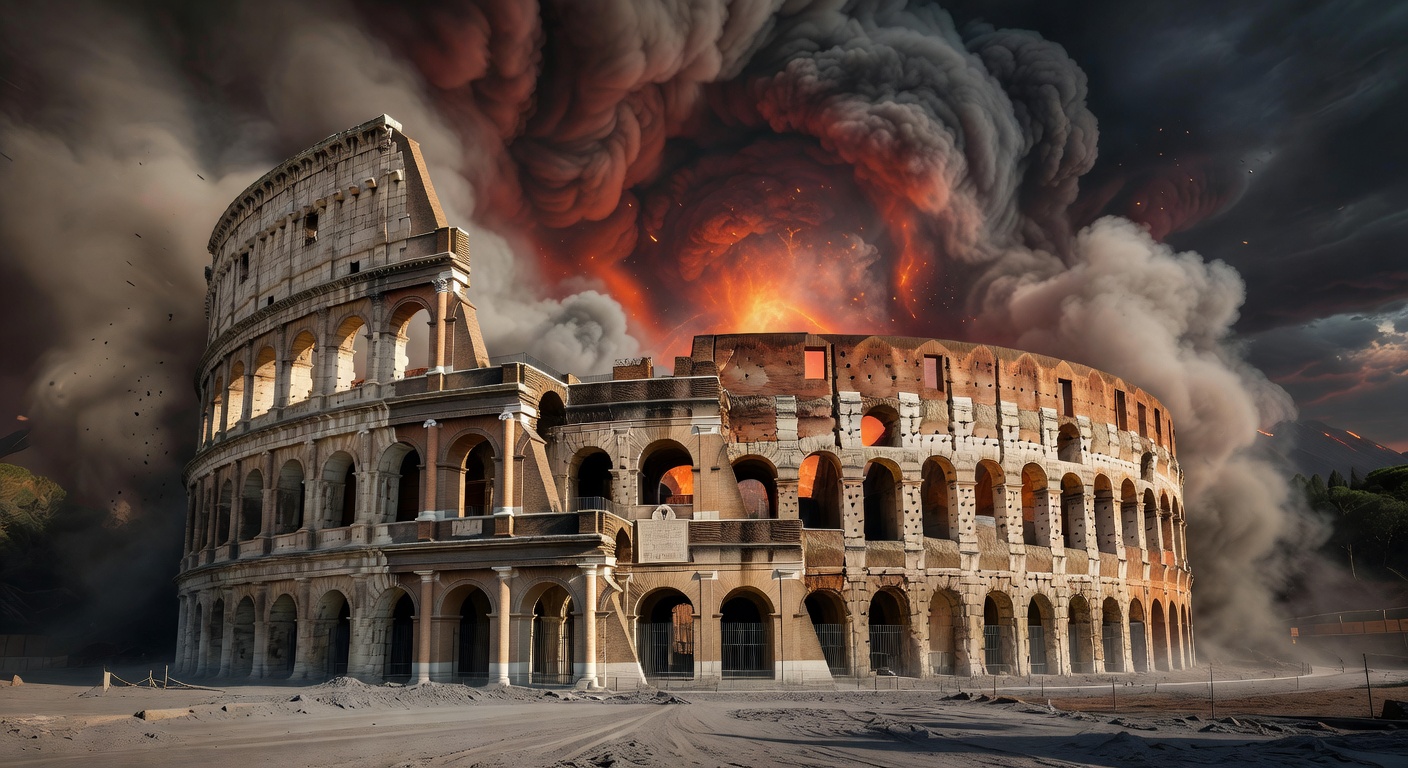 Cinematic Roman colosseum under volcanic sky