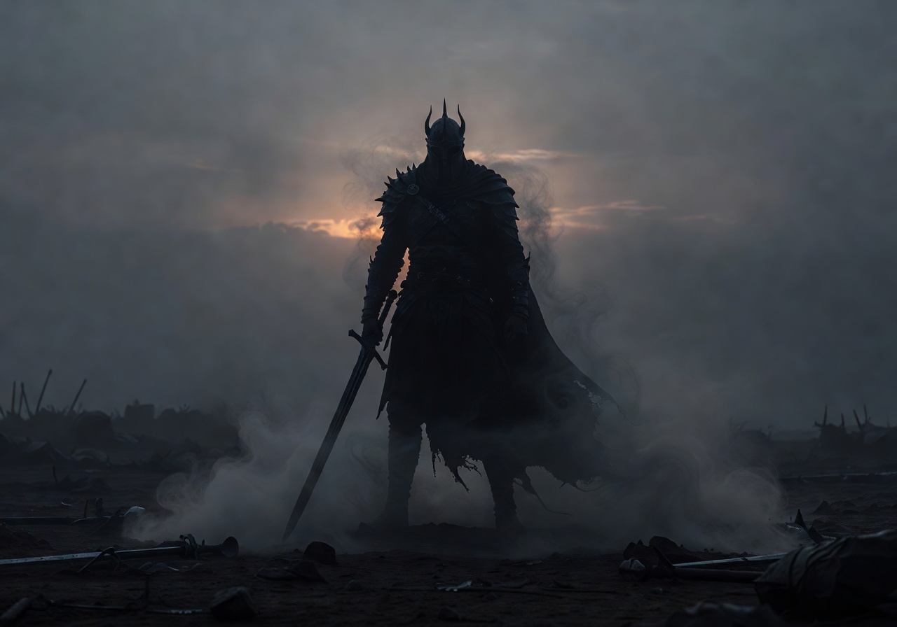 Cinematic warrior silhouette in fog