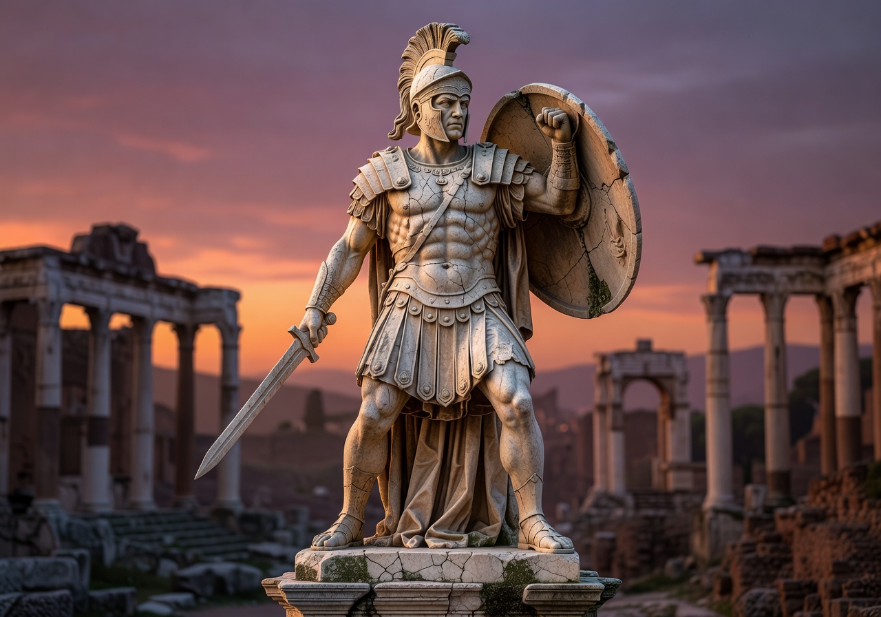 Gladiator warrior statue at dusk