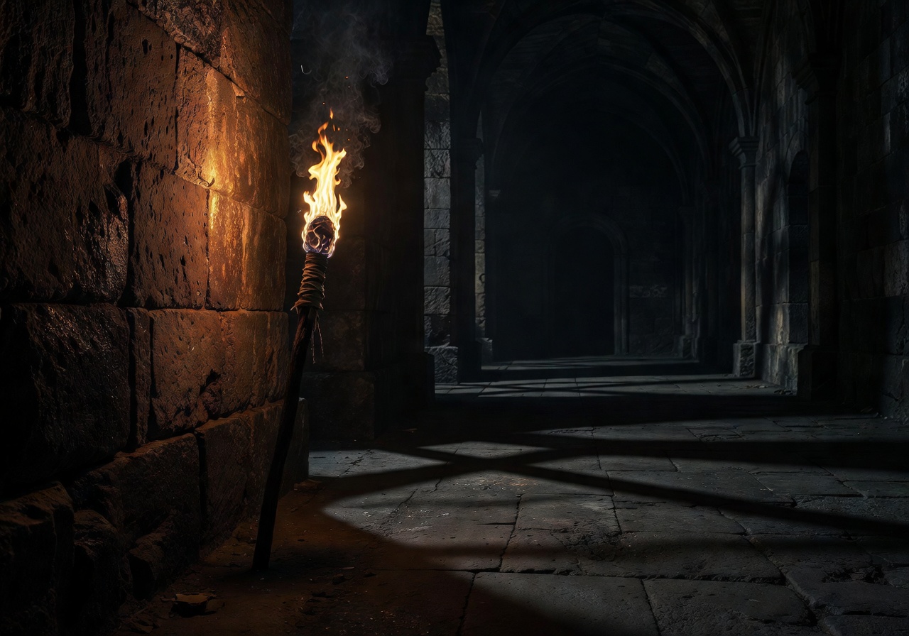Glowing fire torch in dark stone hall