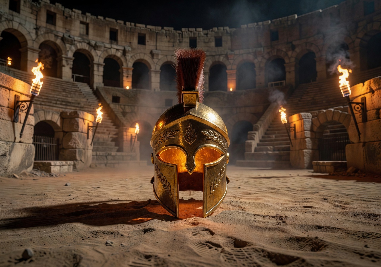 Golden gladiator helmet glowing in arena torchlight