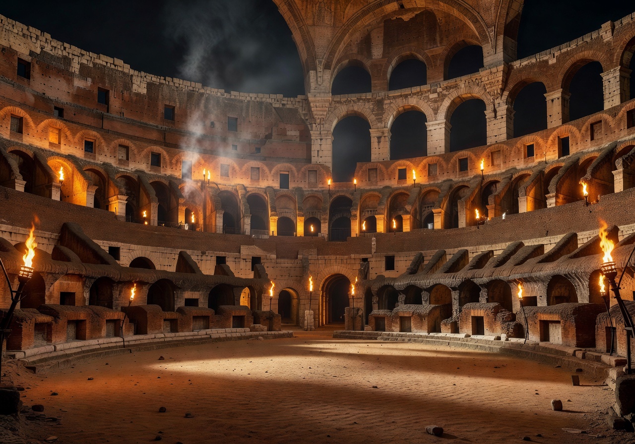 Roman colosseum interior with torch lighting