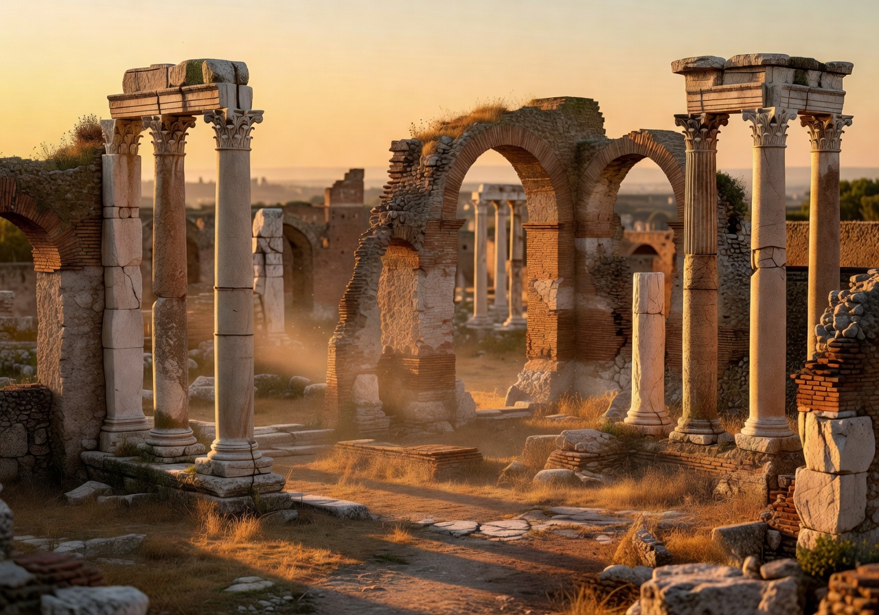 Roman empire ruins at golden hour